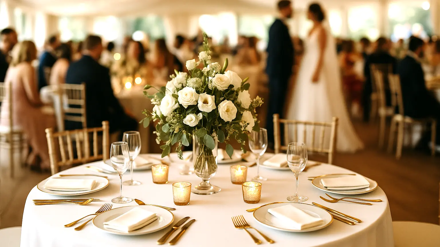 Un service sur une table de mariage avec un bouquet de fleurs